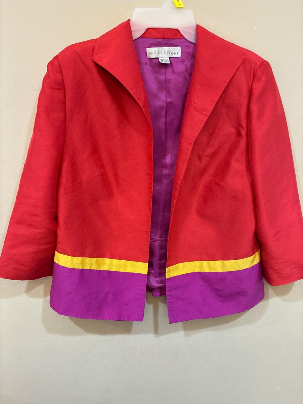 Women's Red Colorblock Open-Front Blazer with Purple & Yellow Trim